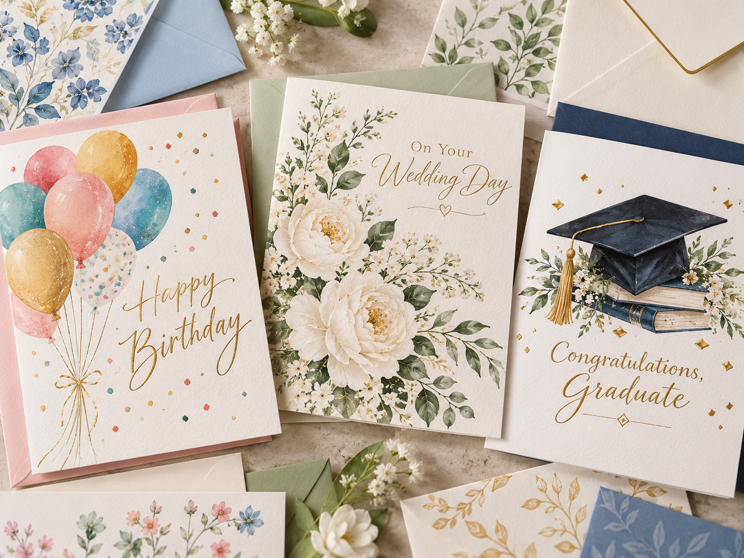 Birthday, wedding, and graduation cards