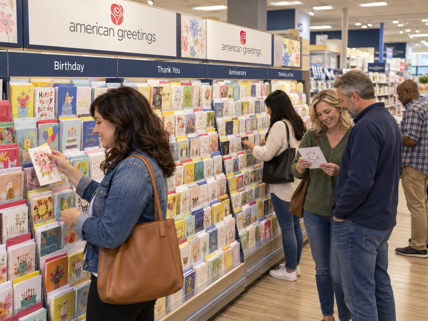 Bustling American Greetings card aisle