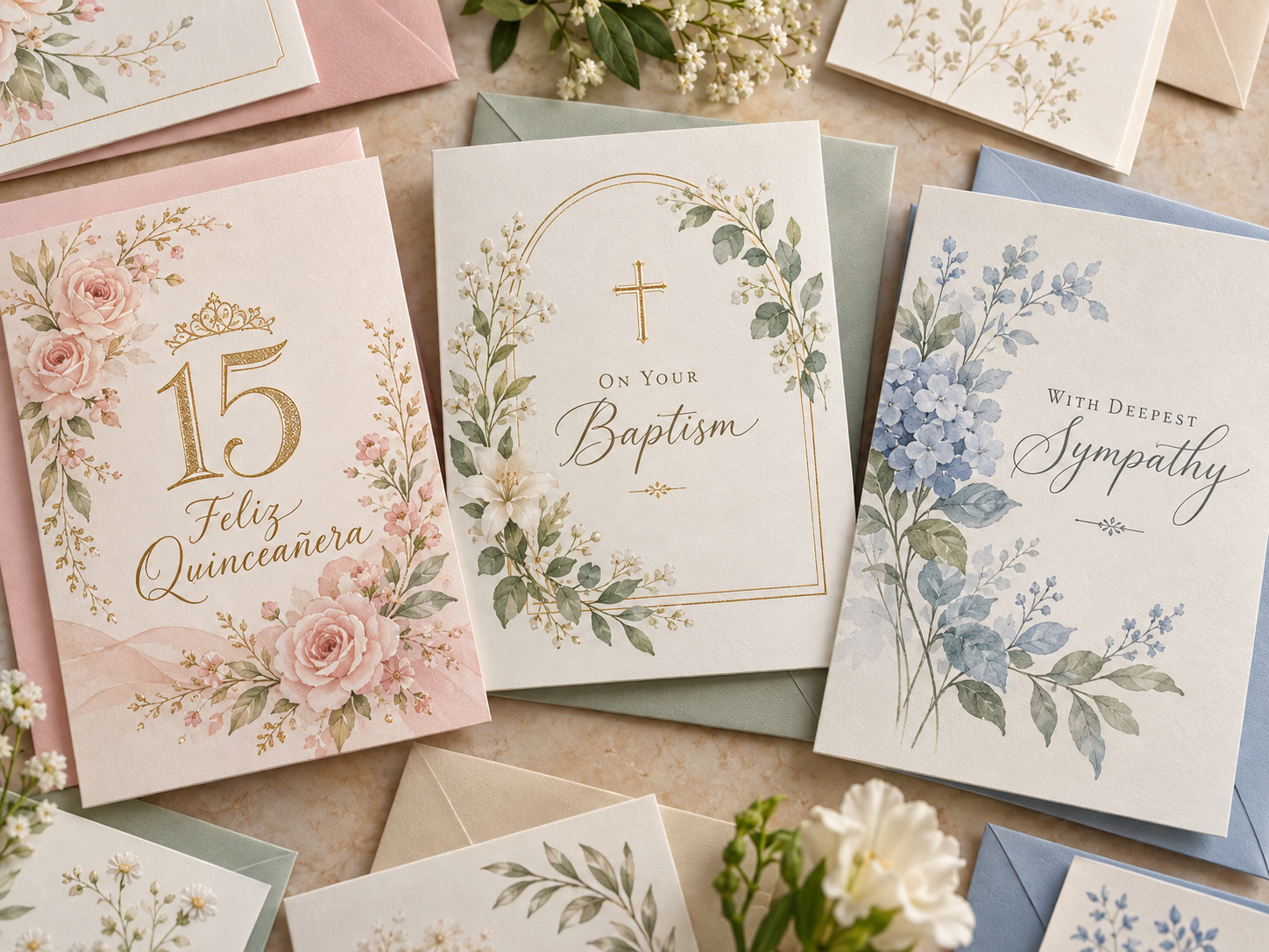 Elegant Quinceañera, Baptism, and Sympathy Cards