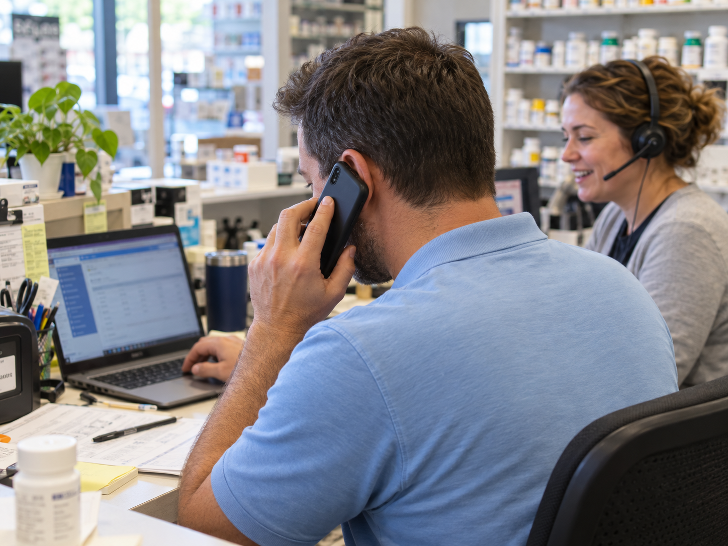 Everyday pharmacy teamwork at the desk