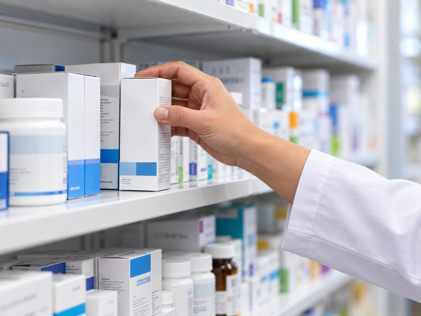 Pharmacist stocking a pharmacy shelf